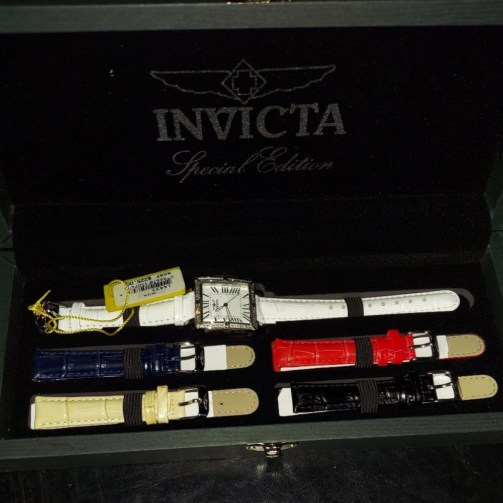 Invicta special edition watch set with 5 bands white & silver red black navy tan